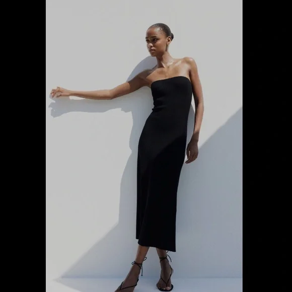 H&M Ribbed Bandeau Tube Midi Dress. Back slit. Charcoal gray black. Size M. - Picture 1 of 7